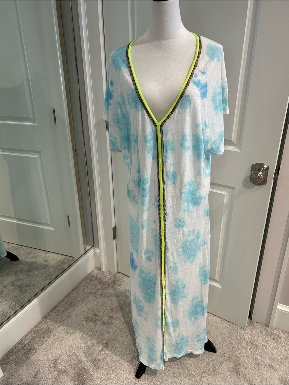 Pitusa Tie Dye Kaftan in light blue with contrast neon trim, Sz Standard